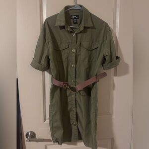 Green Button-Up Dress with Pink Belt